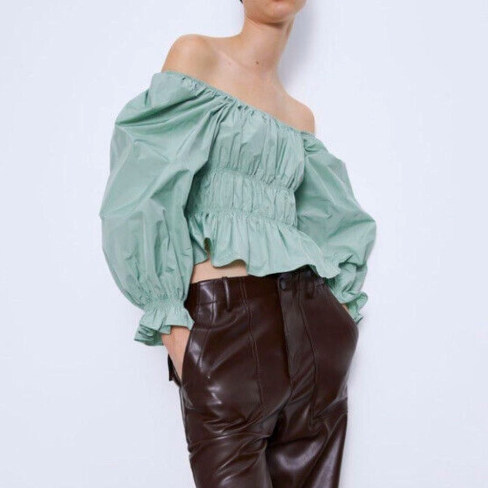 Zara Seafoam Green Ruched Puff Sleeve Blouse